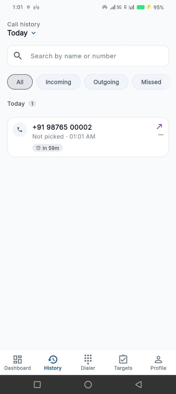 Telecaller24 call history with all, incoming, outgoing and missed filters and a search bar