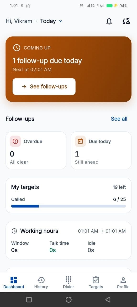 Telecaller24 dashboard showing follow-ups due today, targets and working hours