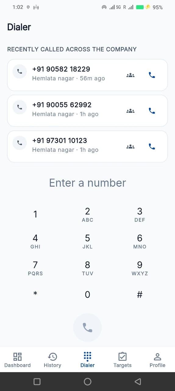 Telecaller24 dialer showing numbers recently called across the company with a T9 keypad below