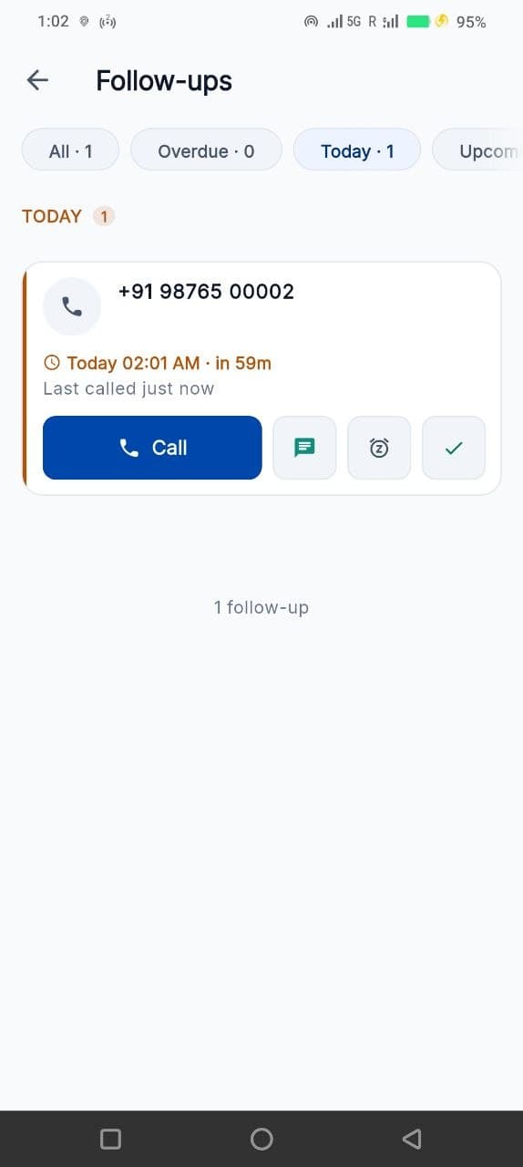 The Telecaller24 after-call card on a rep’s phone, showing status, remark and follow-up time