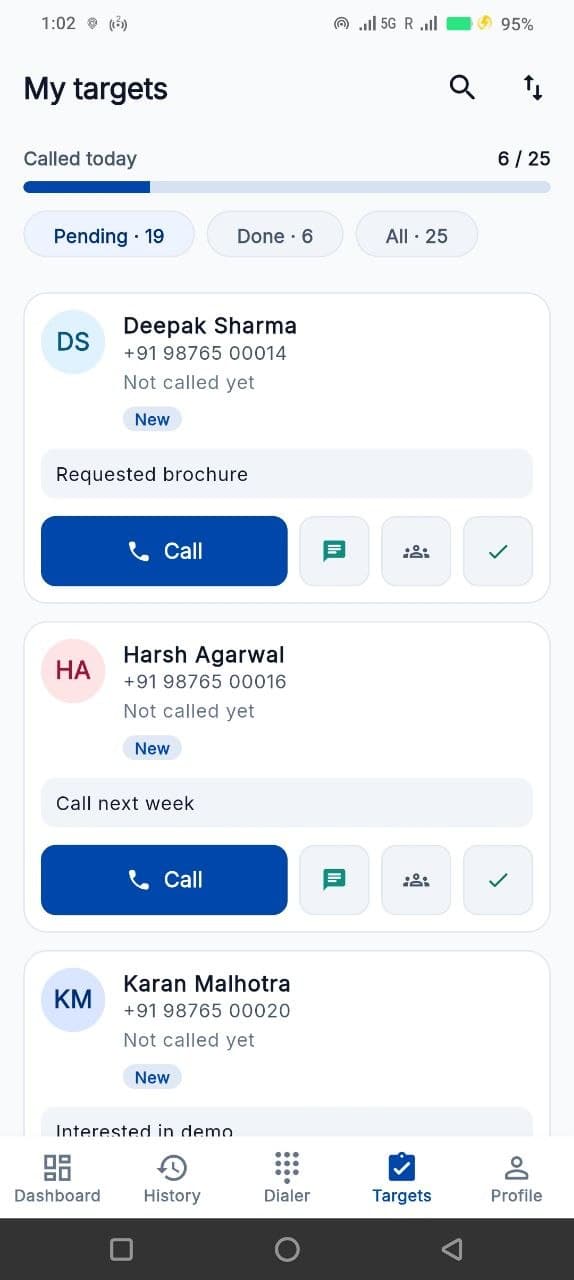 Telecaller24 target list with assigned leads, notes and call actions