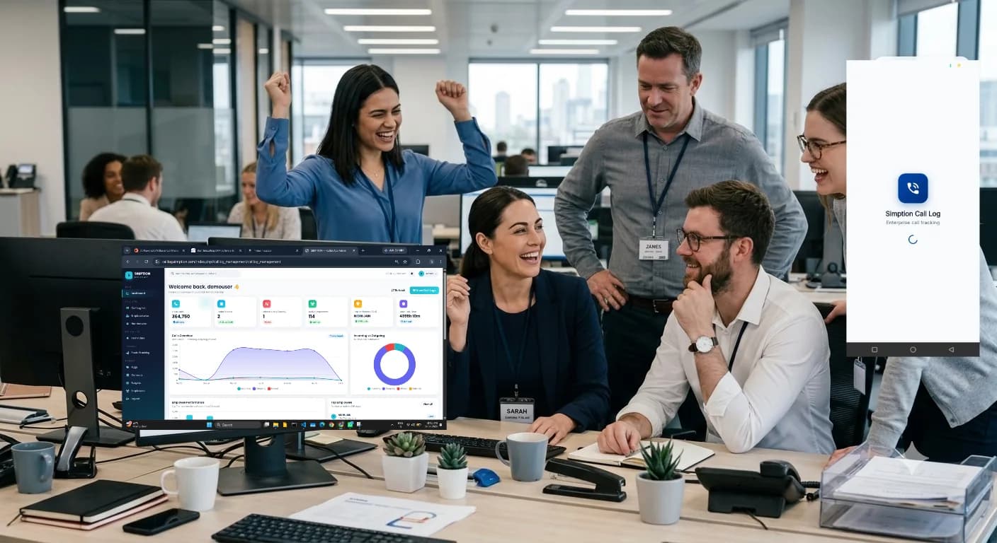The same sales team celebrating in front of a live call tracking dashboard showing call volume and follow-ups
