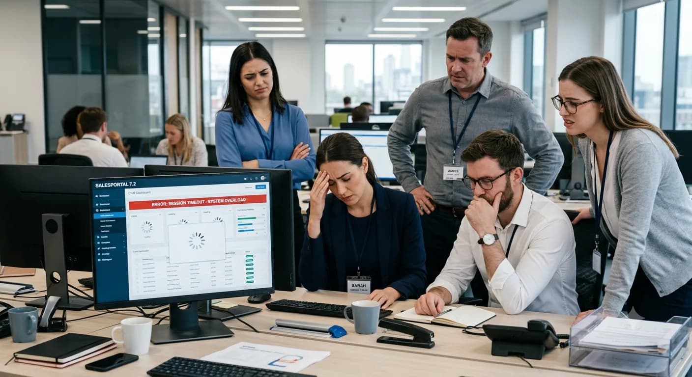 A sales team crowded around one screen showing a session timeout error, looking tired and frustrated