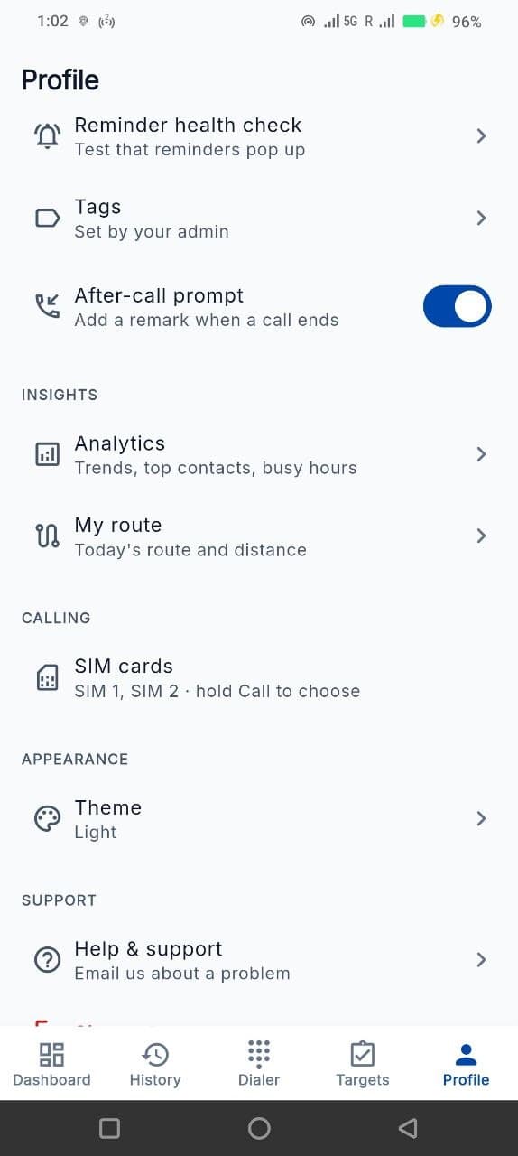 Telecaller24 settings showing analytics, route, dual-SIM selection and theme