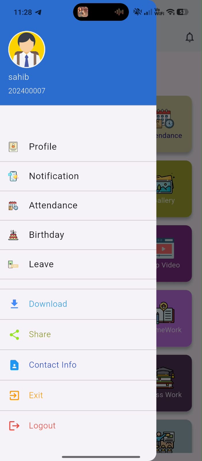 Simption School App — Student Menu & Profile screen