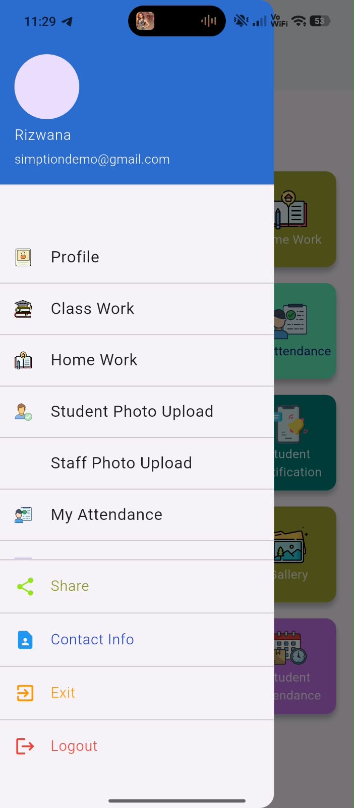 Simption School App — Teacher Menu & My Attendance screen