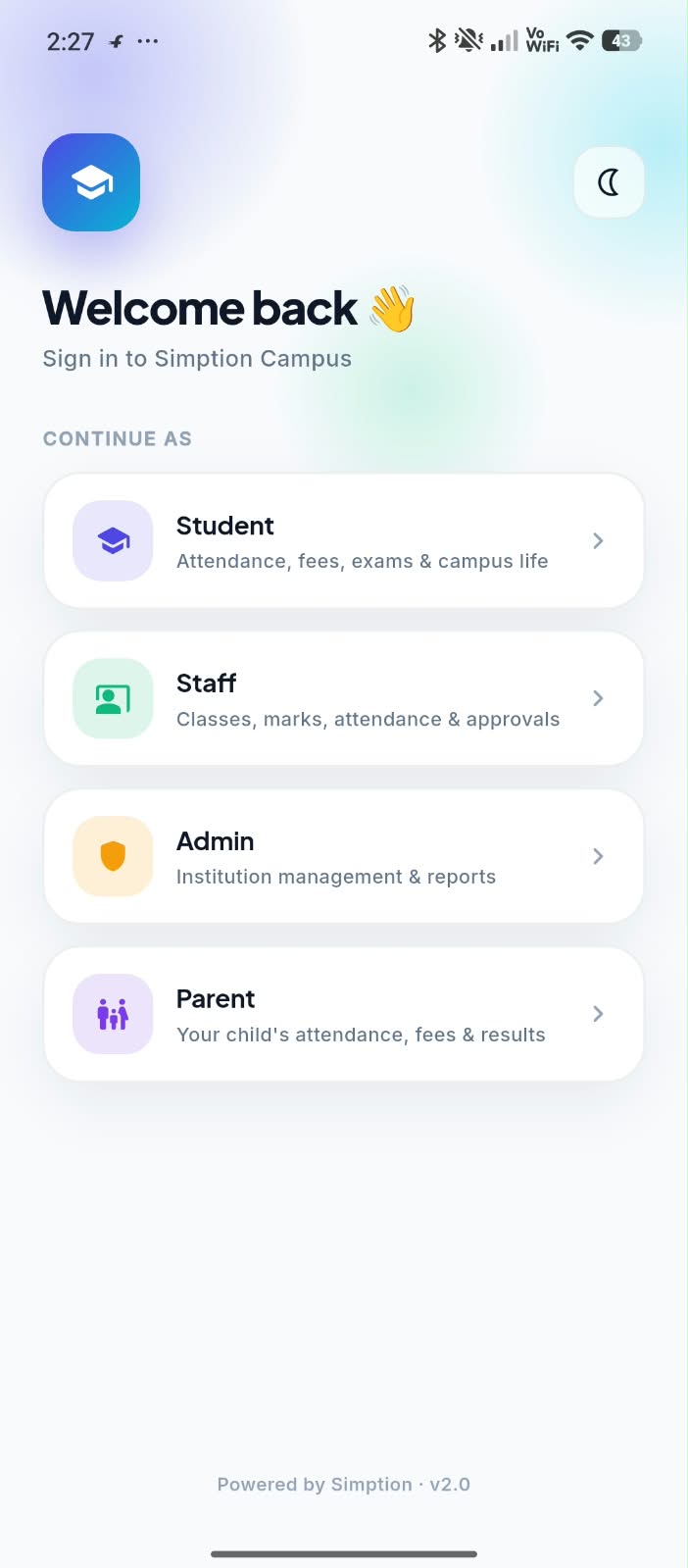 Simption Campus App — Sign In as Student, Staff, Admin or Parent screen