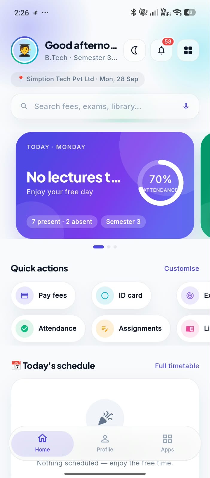 Simption Campus App — Student Home screen