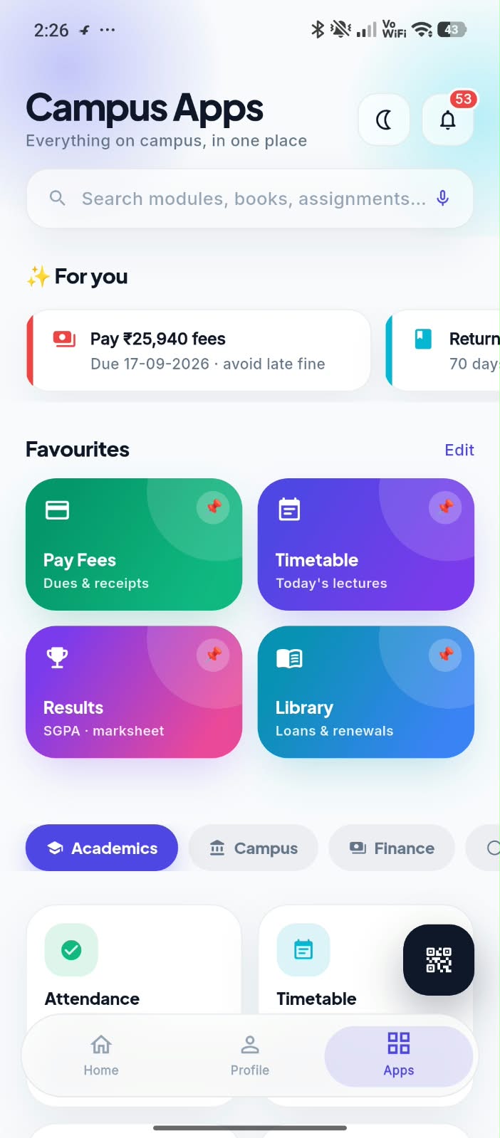 Simption Campus App — Campus Apps screen