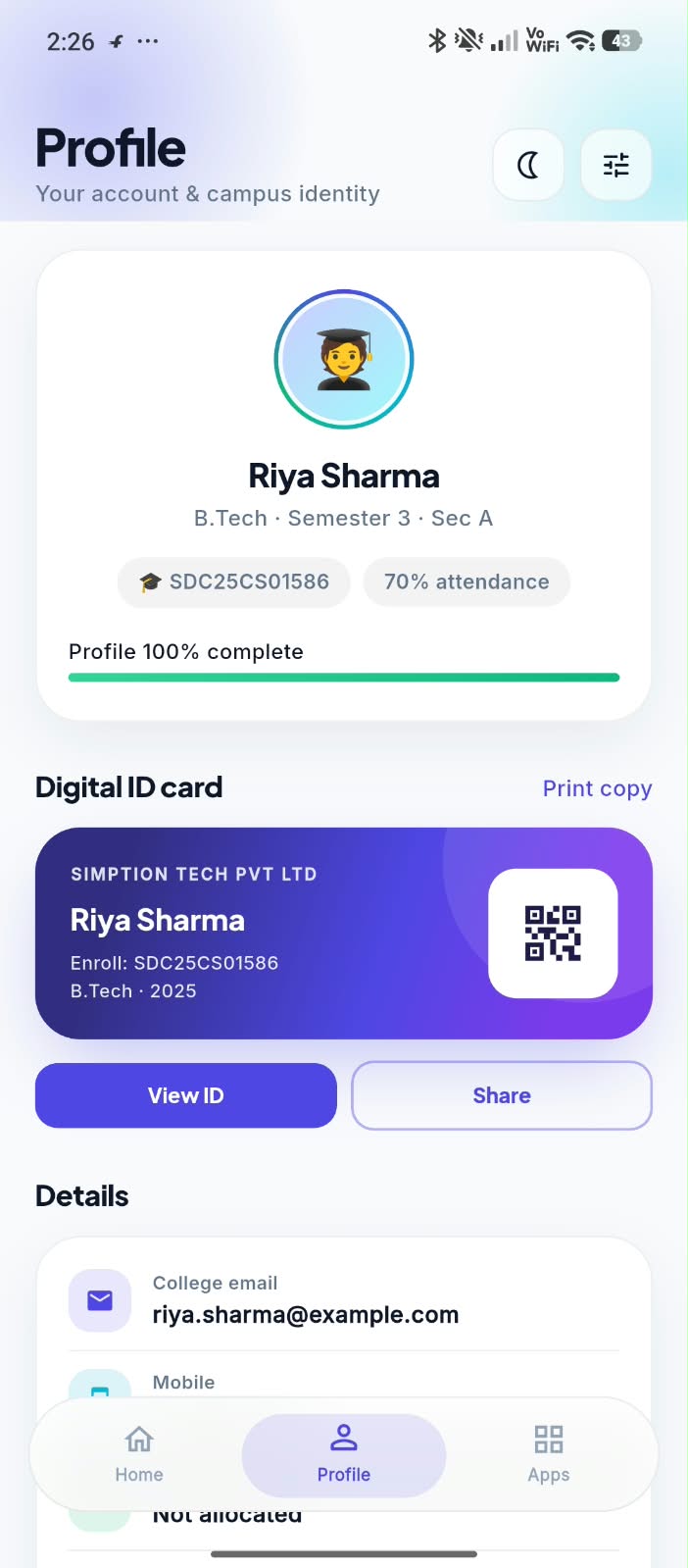 Simption Campus App — Profile & Digital ID Card screen