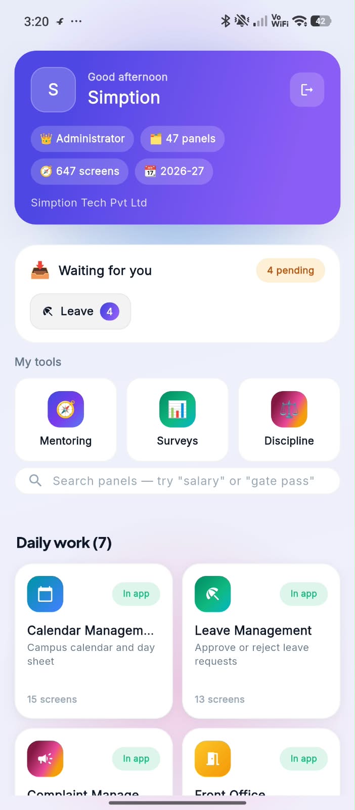 Simption Campus App — Admin Home screen