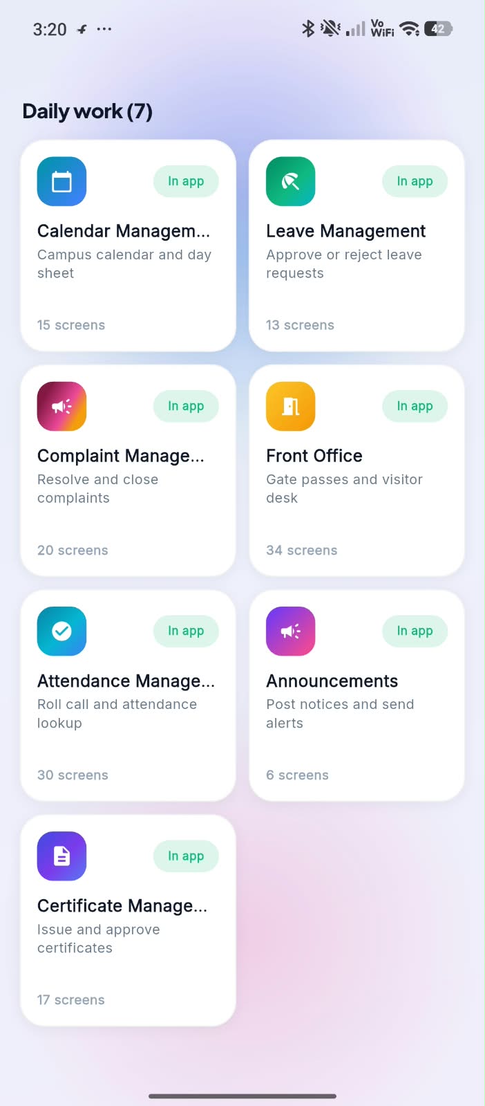 Simption Campus App — Daily Work Panels screen