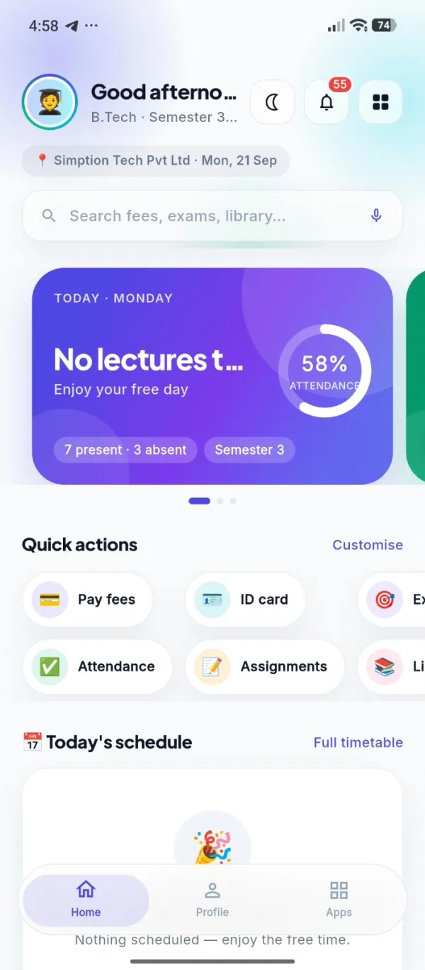Android / Mobile Application — Simption Student App home screen