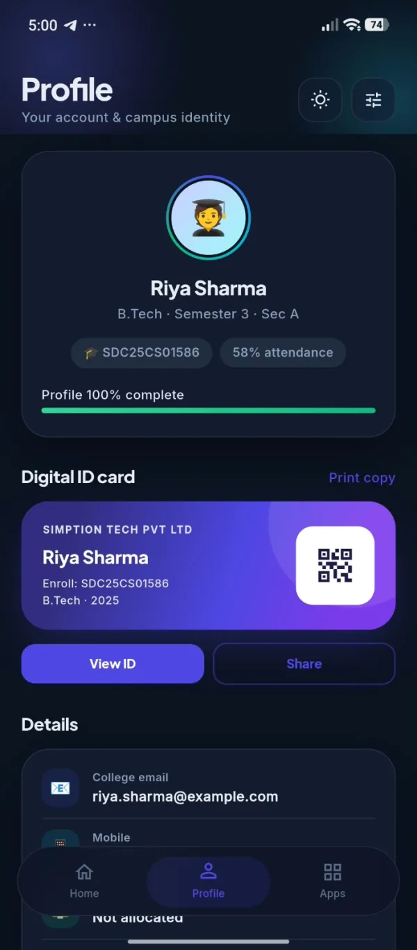 Student & Parent Portal — Student profile with digital ID card
