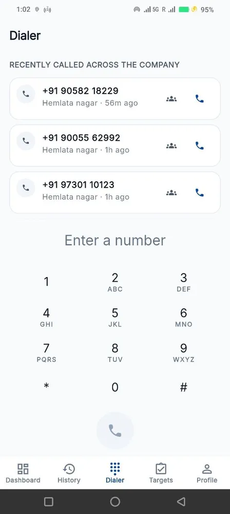 Telecaller24 dialer with T9 name search and company-wide suggestions