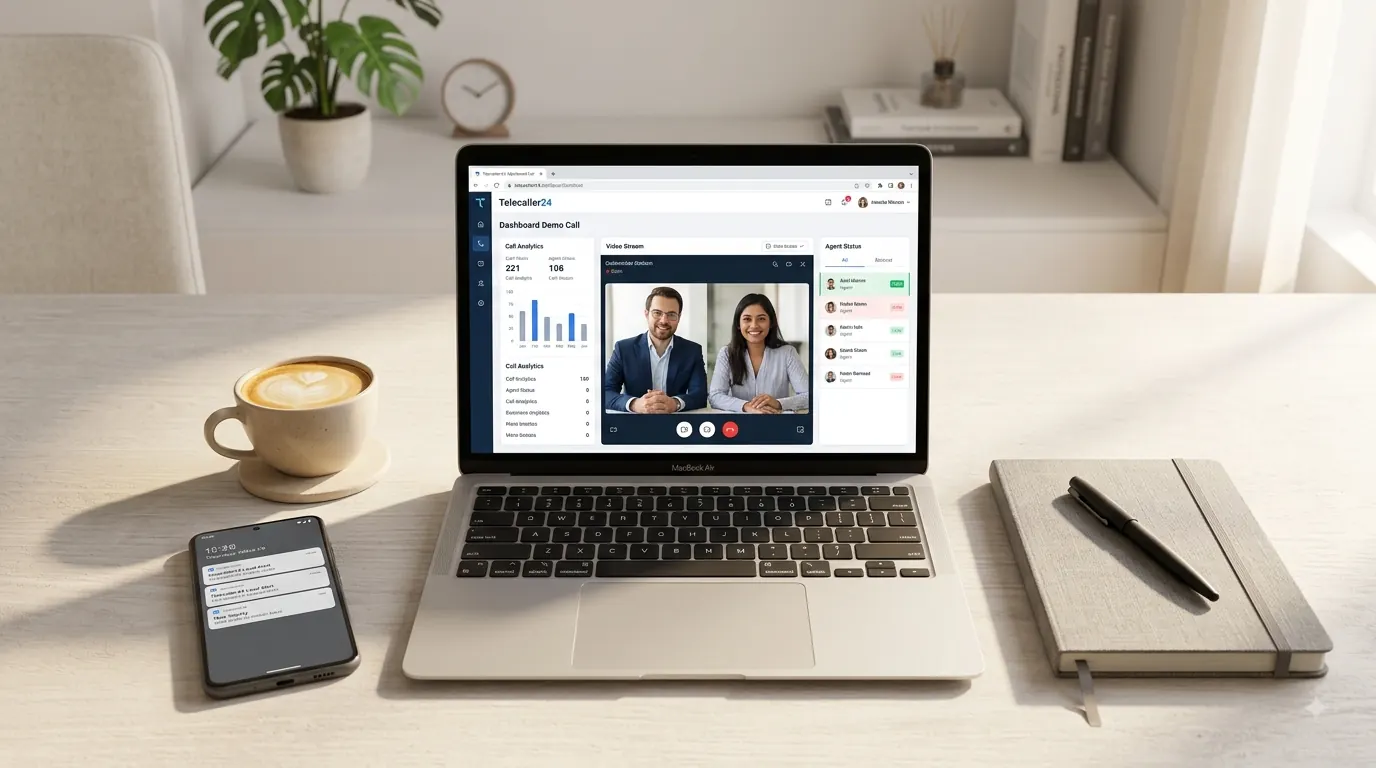 A 15-minute Telecaller24 demo on a laptop