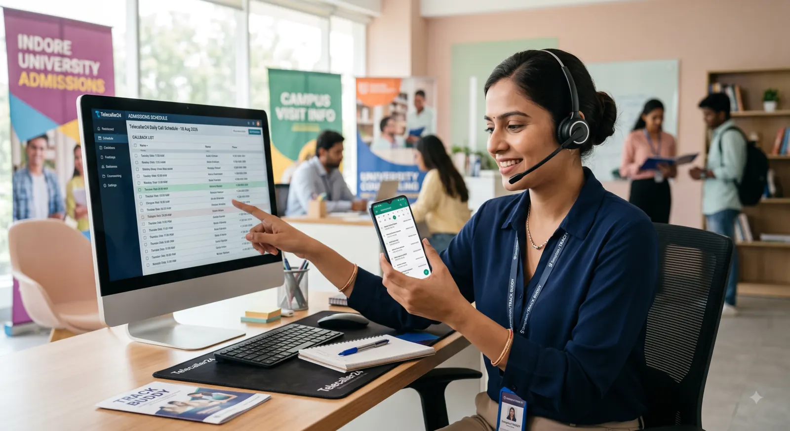An admissions counsellor working the enquiry list on a call