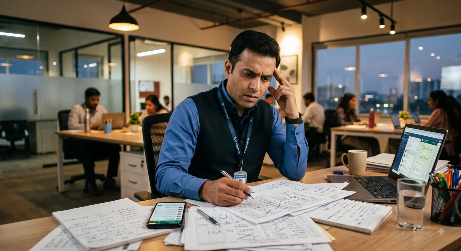 A sales manager reconstructing the day from paper notes at 7pm