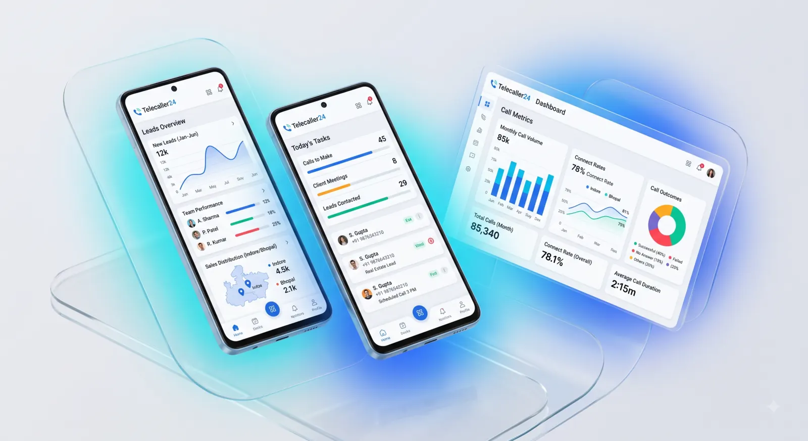 The Telecaller24 dashboard and rep app side by side